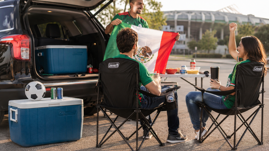 Personas utilizando sillas y hieleras Coleman durante una activación promocional al aire libre para eventos corporativos y experiencias de marca.