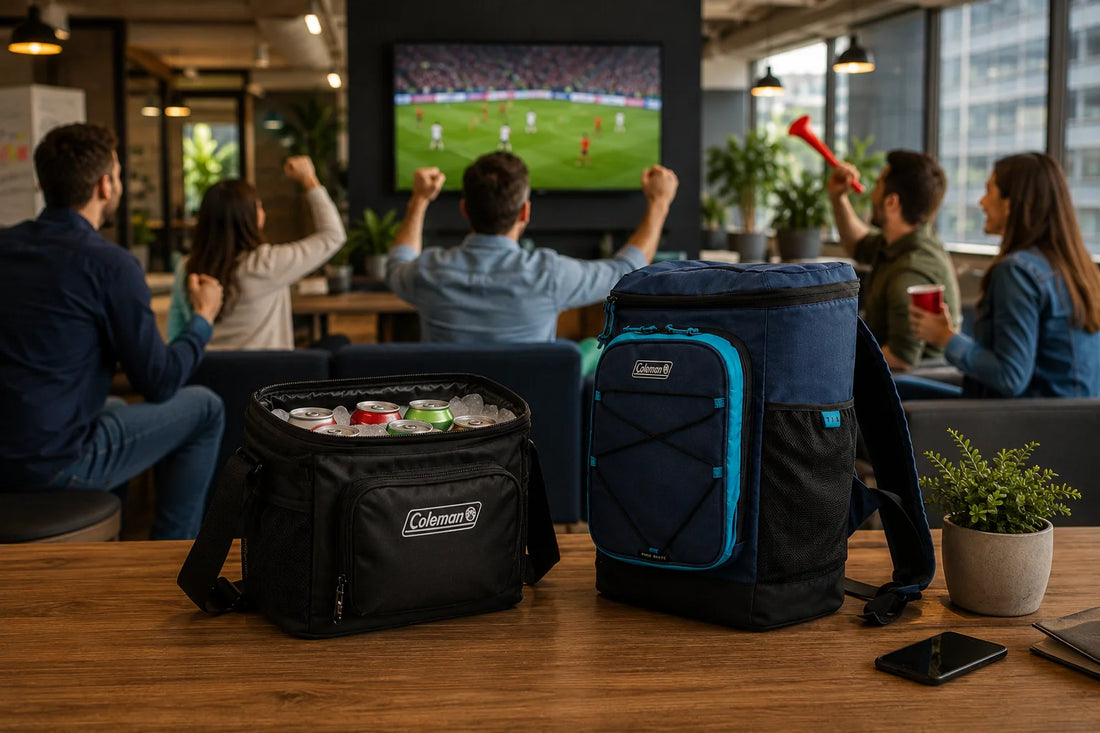 Hielera Chiller Soft Coleman 16 Can Black 5C y Mochila Hielera Coleman Backpack Soft Cooler en una convivencia corporativa para ver un partido de fútbol, representando regalos tangibles para fidelización, branding emocional y reconocimiento empresarial.